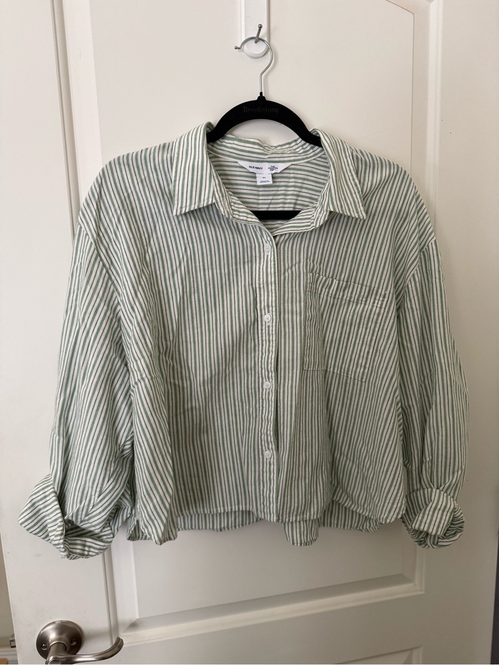 Cropped Light Green and White Striped Button-Down Shirt